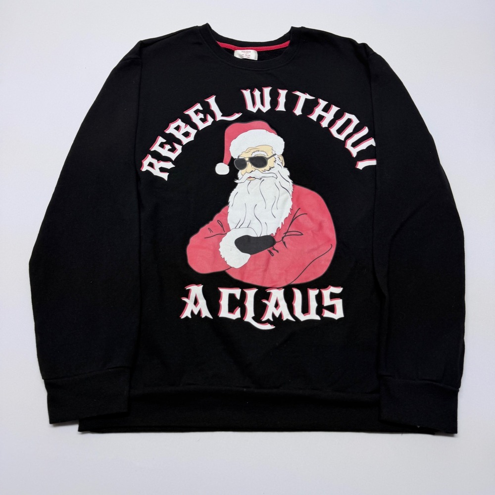 Holiday Time Mens 2XL Black Rebel Without A Claus Santa Graphic Sweatshirt